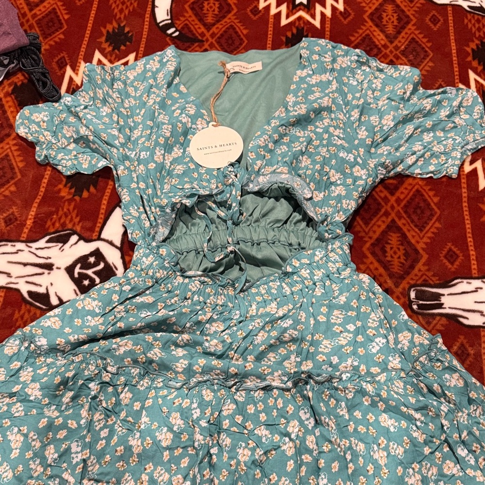 Teal Floral Dress with Ruffle Details